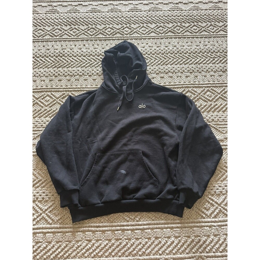 Alo Yoga Accolade Hoodie Black Chrome Logo Relaxed Fit Sweatshirt Size Small